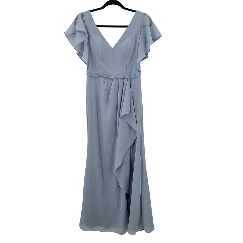 Formal Romantic Ethereal Chiffon Dusty Blue Flutter Sleeve Ruffle Maxi Dress 4